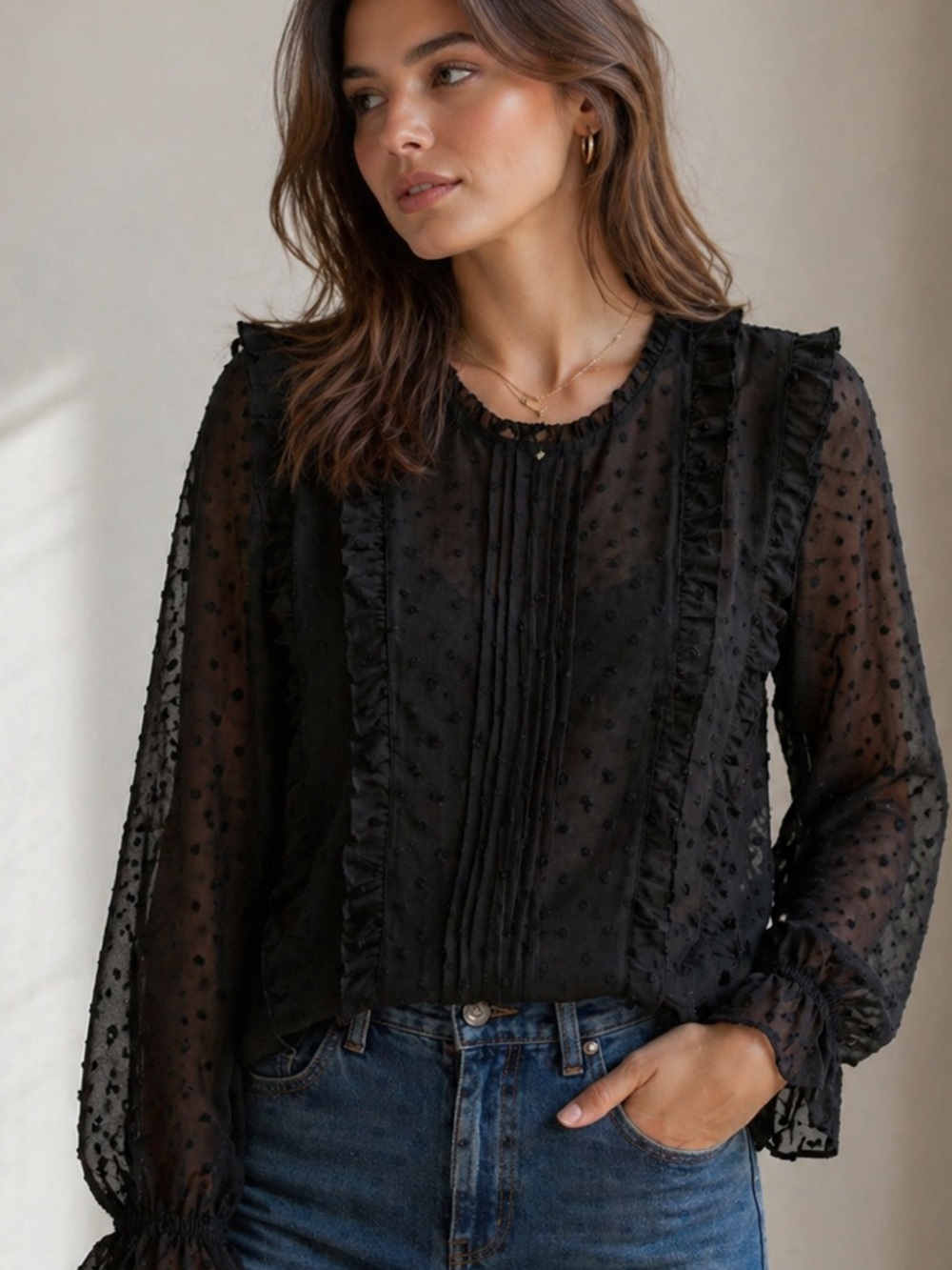 Sheer Black Swiss Dot Ruffle Long-Sleeve Blouse